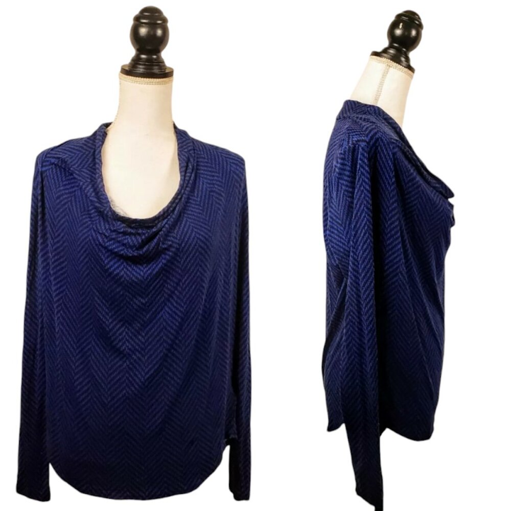 MICHAEL KORS Top, Blue Black Zig Zag Rayon Spandex Long Sleeve Career, M